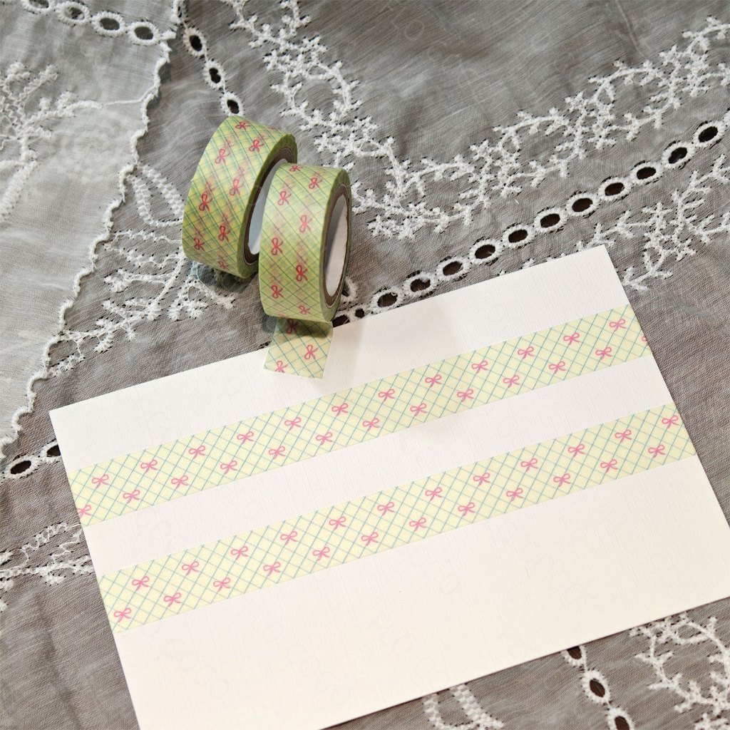 Băng Washi Caro Nơ Hồng cho Sổ Tay và Scrapbook – Caro Vàng-Xanh Nhạt & Nơ Hồng Flo gogo