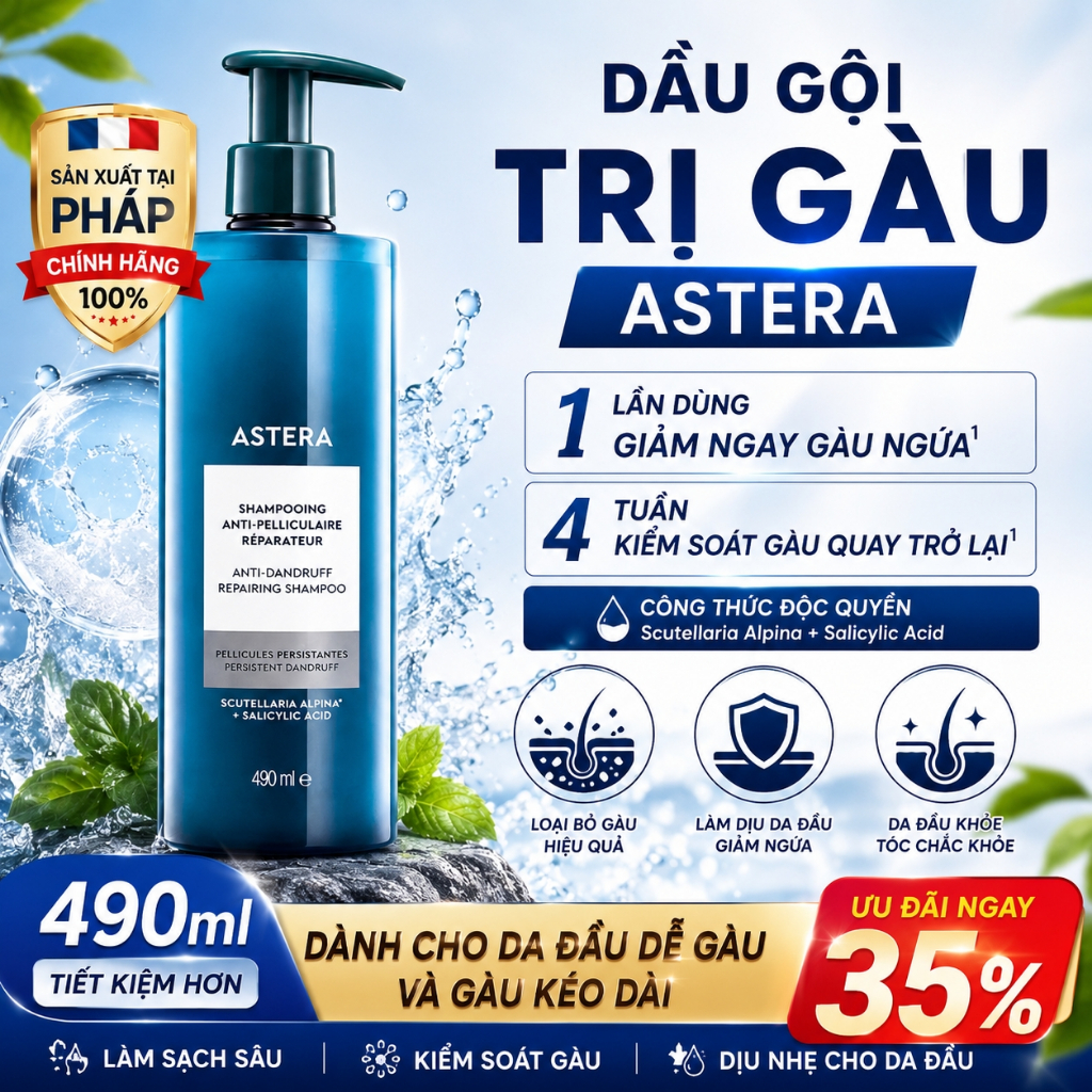 Dầu gội giảm gàu René Furterer ASTERA - Làm sạch gàu, giảm ngứa, làm dịu da đầu, tóc sạch khỏe 490ml
