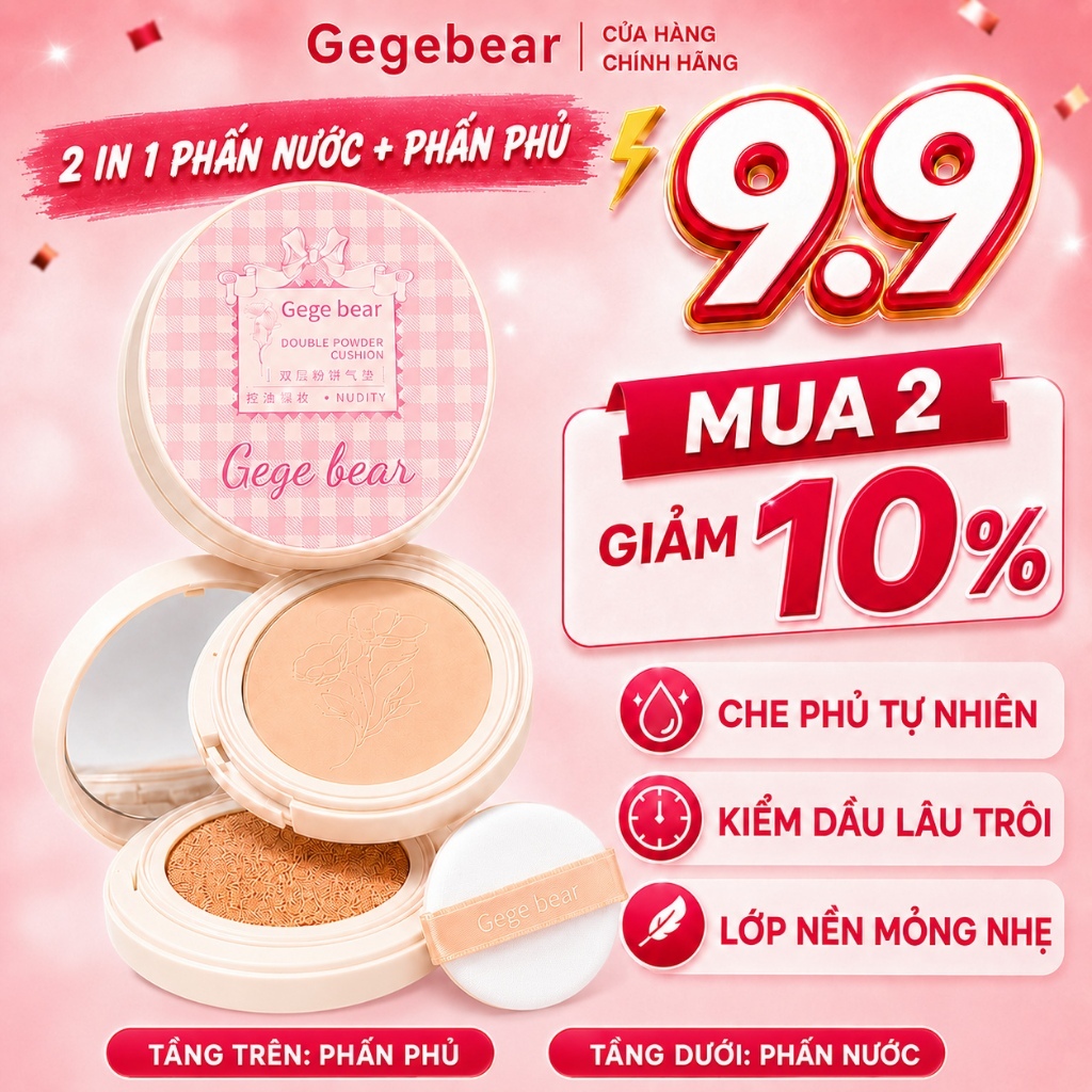 Gege Bear Cushion 2 in 1 Phấn Nước + Phấn Phủ Kiềm Dầu Che Khuyết Điểm, Lớp Nền Mịn Mượt Tự Nhiên, L