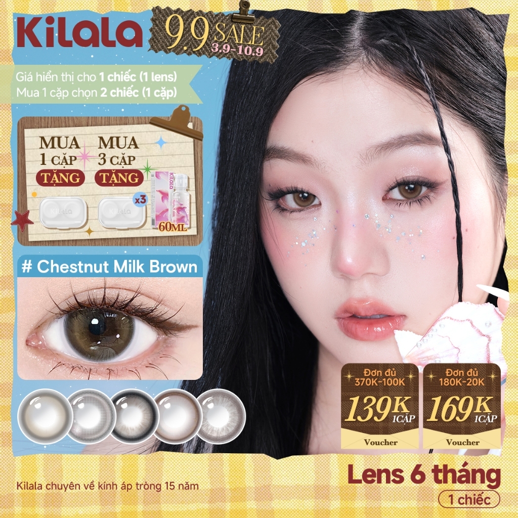 Kính áp tròng màu Kilala - Nâu Chestnut Milk Brown/ Xám Lychee Grey/ Xanh Pandora Blue lens cận 6 th