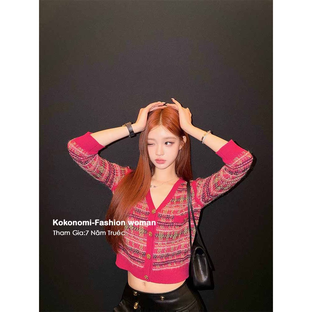 KOKONOMI Thanh màu Raspberry Pink Đan Cardigan Đan