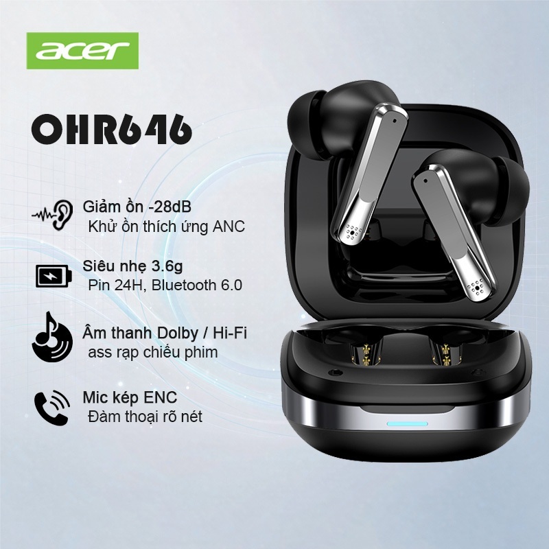 Acer OHR646 Tai Nghe Không Dây Thật Không Dây 60 ANC 28dB Khử Tiếng Ồn 13 Mm Titan Driver 24H Pin Đe