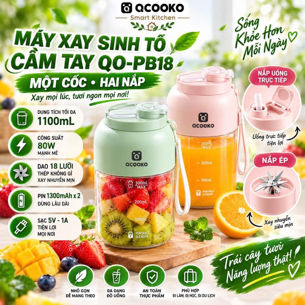 Máy trộn cầm tay QCOOKO QO-PB18, 1100ml, 80W, 18 lưỡi, Một cốc trộn, Hai nắp cốc, Pin 1300ml x 2, Dễ