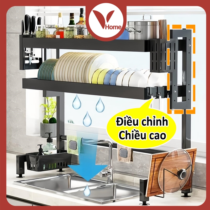Trên Giá Thoát Nước Bồn Rửa Vhome, Có Thể Điều Chỉnh Chiều Cao, Giá Bếp Sơn Thép Carbon Nhiều Lớp Có