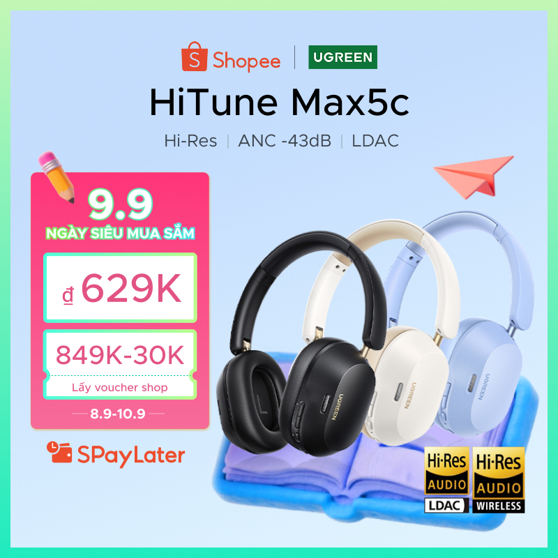 Tai nghe Bluetooth chụp tai UGREEN HiTune Max5c ANC chống ồn chủ động, Hi-Res, Bluetooth 5.4, pin 75