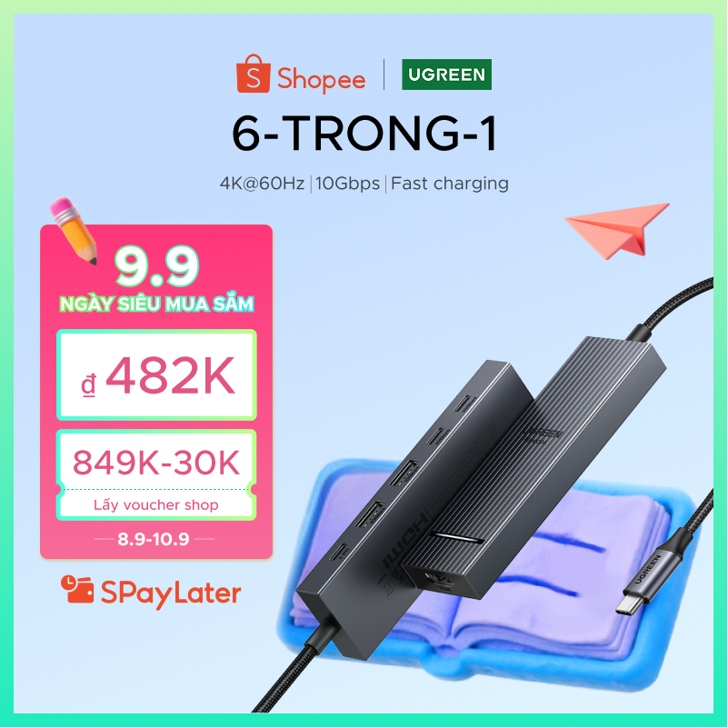 Ugreen 4K60hz 6-IN-1USB-C Trạm Docking đa chức năng USB3.2 Gen2 10Gbps cho iPad Air M2 11 "13 '' 202