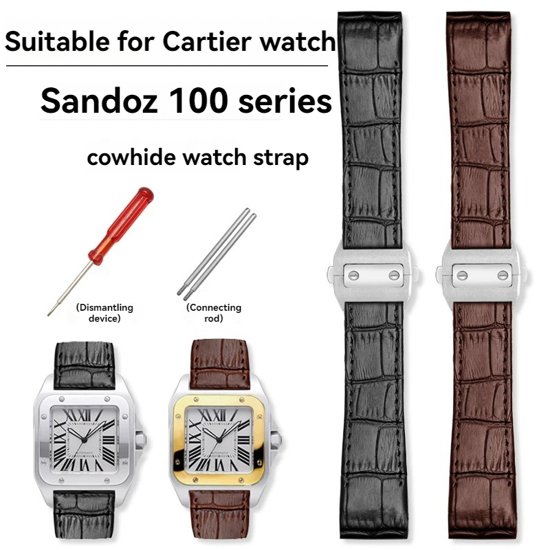 Dây đeo đồng hồ da bò có khóa gấp 23mm cho Cartier Santos 100, Phụ kiện dây đồng hồ thay thế đặc biệ