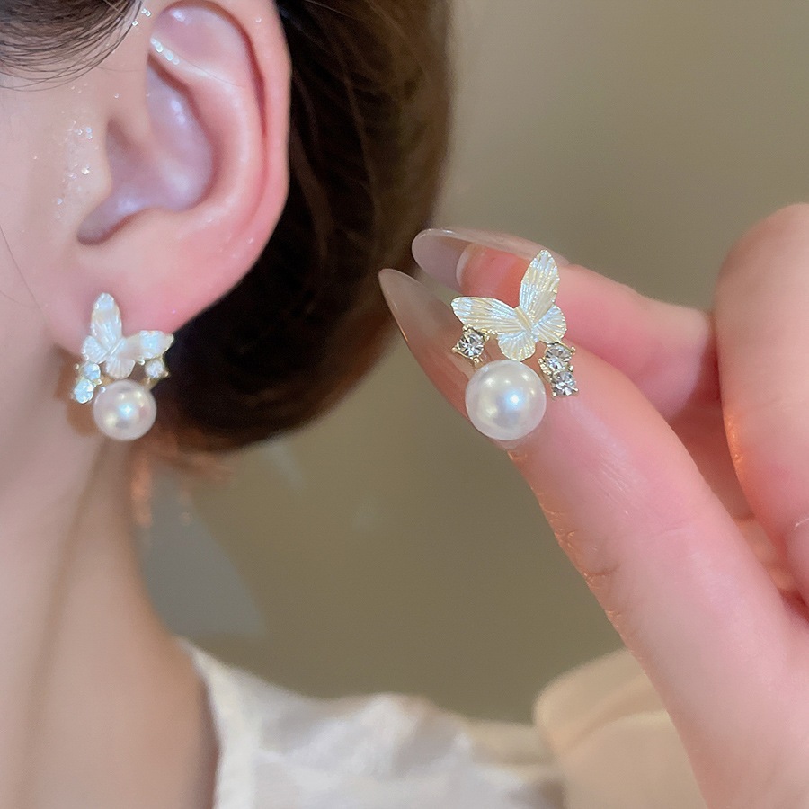 Thanh Lịch Bướm Giả Ngọc Trai Bông Tai Zircon Accent Nữ Phụ Kiện Thời Trang