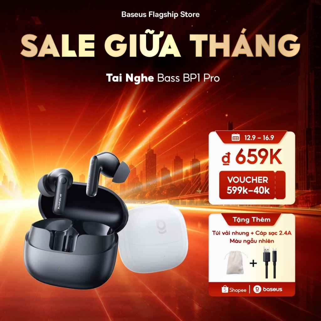 Tai nghe không dây Baseus BP1 Pro ANC -50dB Giảm tiếng ồn Hi-Res Bluetooth 6.0 IPX55 Chống nước 55Hr