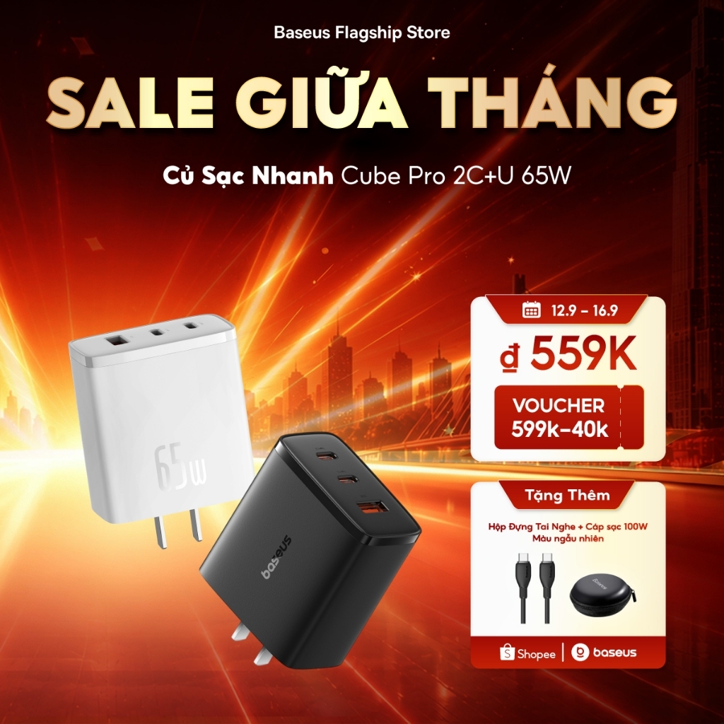 Bộ sạc USB Type C sạc nhanh Baseus 65W GaN cho máy tính xách tay, forTablets
