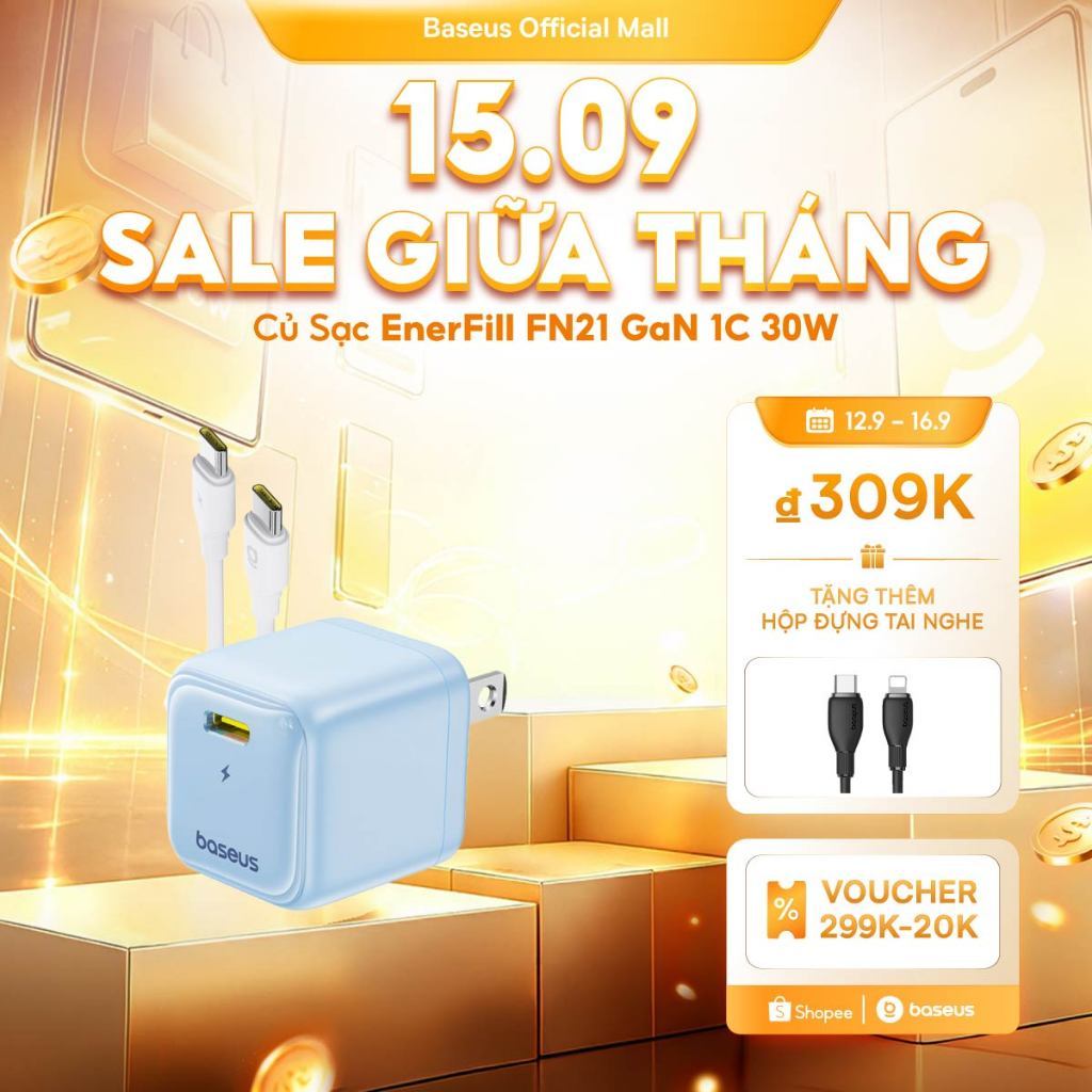 Củ Sạc EnerFill FN21 GaN 1C 30W Baseus Sạc Nhanh PD 30W Kiểm Soát Nhiệt Độ Thông Minh Kèm Dây Type-C