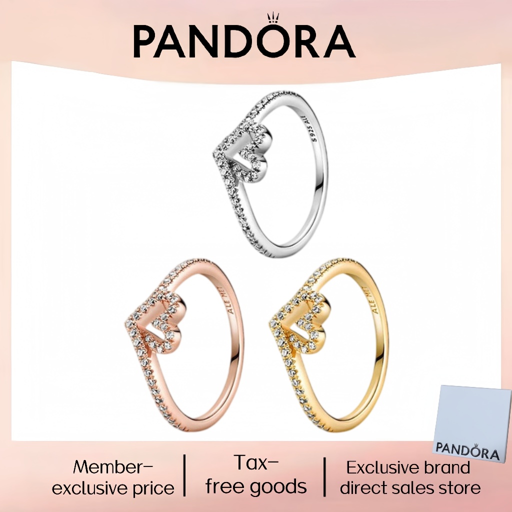 Trang sức bạc S925 chính hãng PANDORA, nhẫn đôi trái tim Sparkling Wishbone Heart, thiết kế lấp lánh