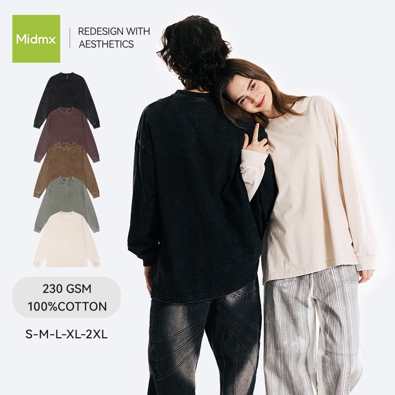 Midmx Áo Thun Nam Dài Tay 280gsm Cotton-cổ tay áo có gân