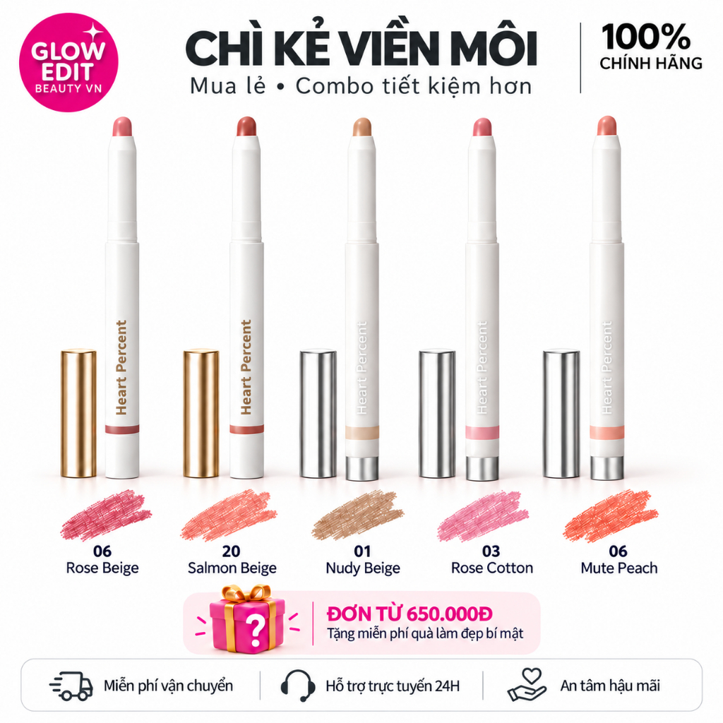 Heart Percent Dote On Mood Lip Liner Pencil | Đường viền môi tự nhiên để trang điểm ban đêm hàng ngà