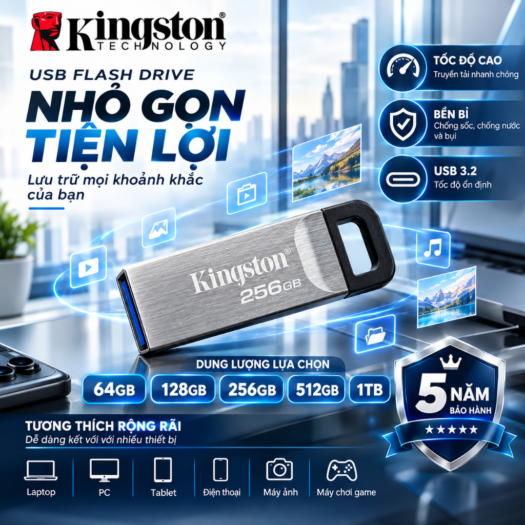 Ổ đĩa Flash Kingston USB 3.2 Chuyển nhanh Thiết kế nhỏ gọn Bảo hành lâu dài 64GB / 128GB / 256GB / 512GB / 1TB