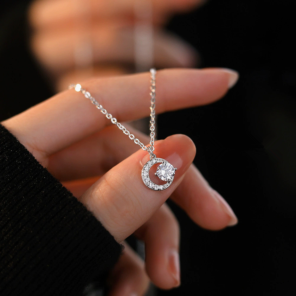 Bạc 925 Thời Trang Zircon Lưỡi Liềm Hình Mặt Trăng Nữ Mặt Dây Chuyền Vòng Cổ MN104