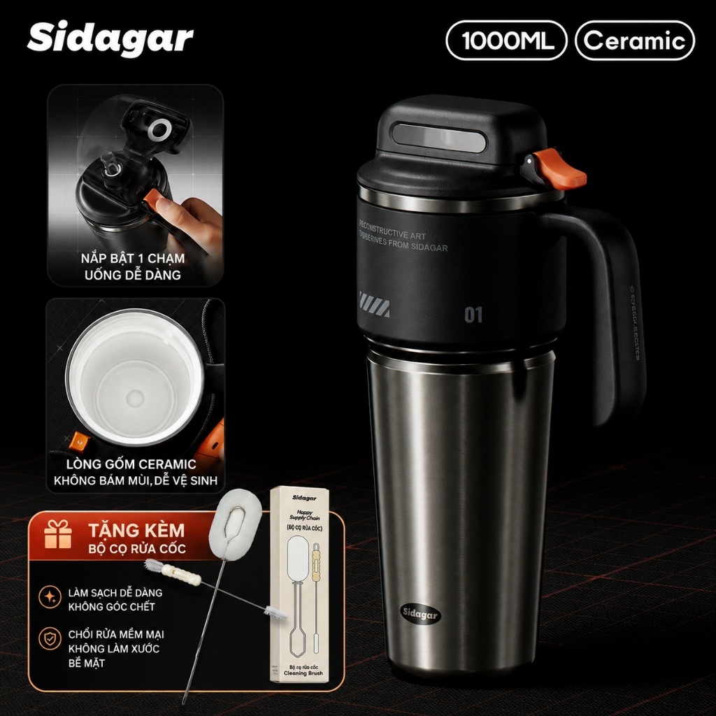 Sidagar Bình giữ nhiệt | Mở nắp một chạm | Dung tích lớn | Phủ gốm sứ | Giữ nóng lạnh
