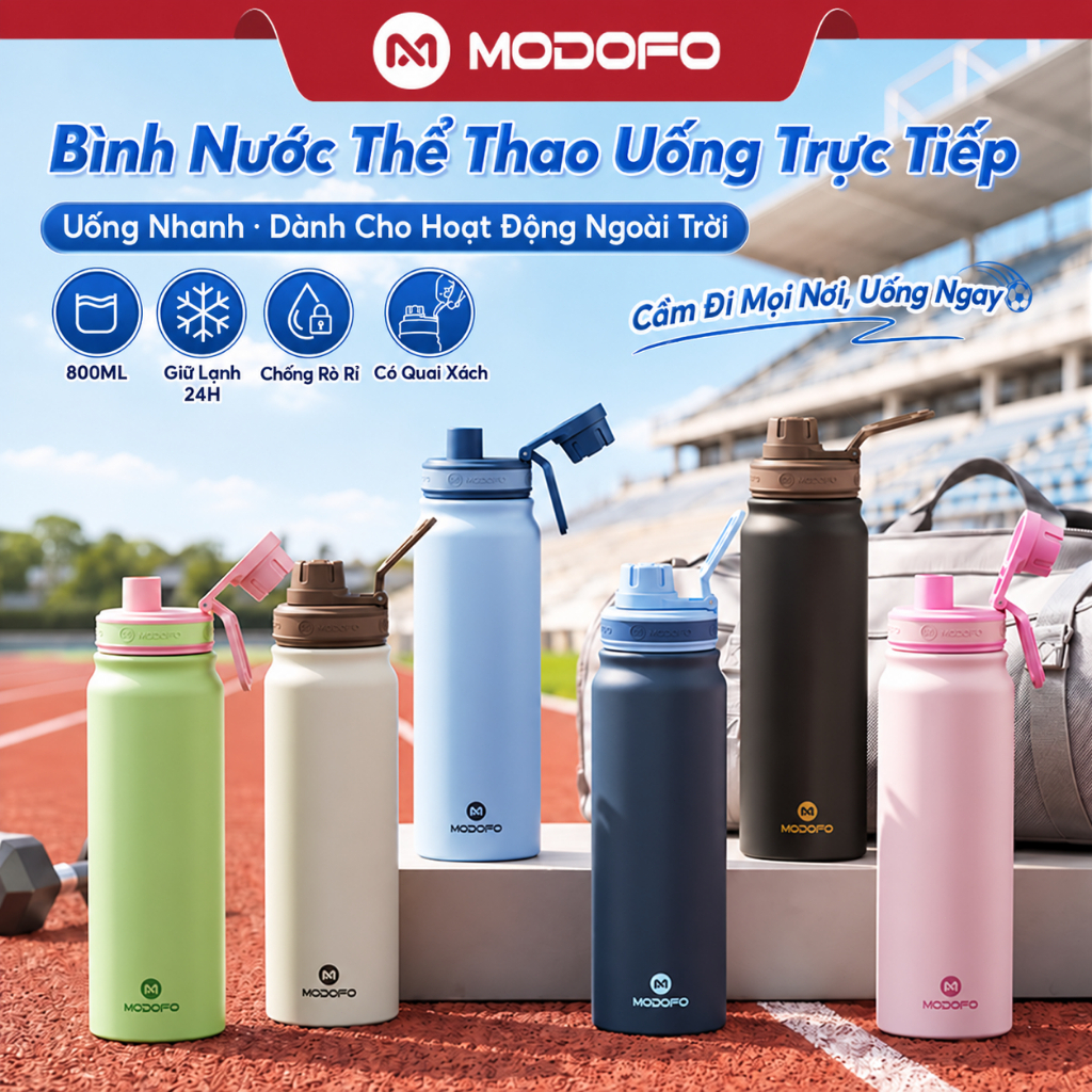 MODOFO Bình Thể Thao 800ML 304 Bình Giữ Nhiệt Bằng Thép Không Gỉ Cách Nhiệt Chân Không Giữ Lạnh Chống Rò Rỉ Di Động Thể Dục Du Lịch Văn Phòng