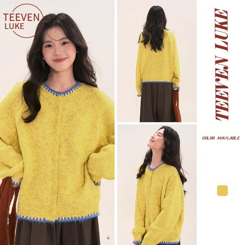[TEEVEN LUKE] Áo len Cardigan dệt kim nữ cổ tròn ngỗng màu vàng Vòng đeo cổ viền màu xanh tương phản Vỏ móc viền Raglan Tay áo dáng rộng giữa dài