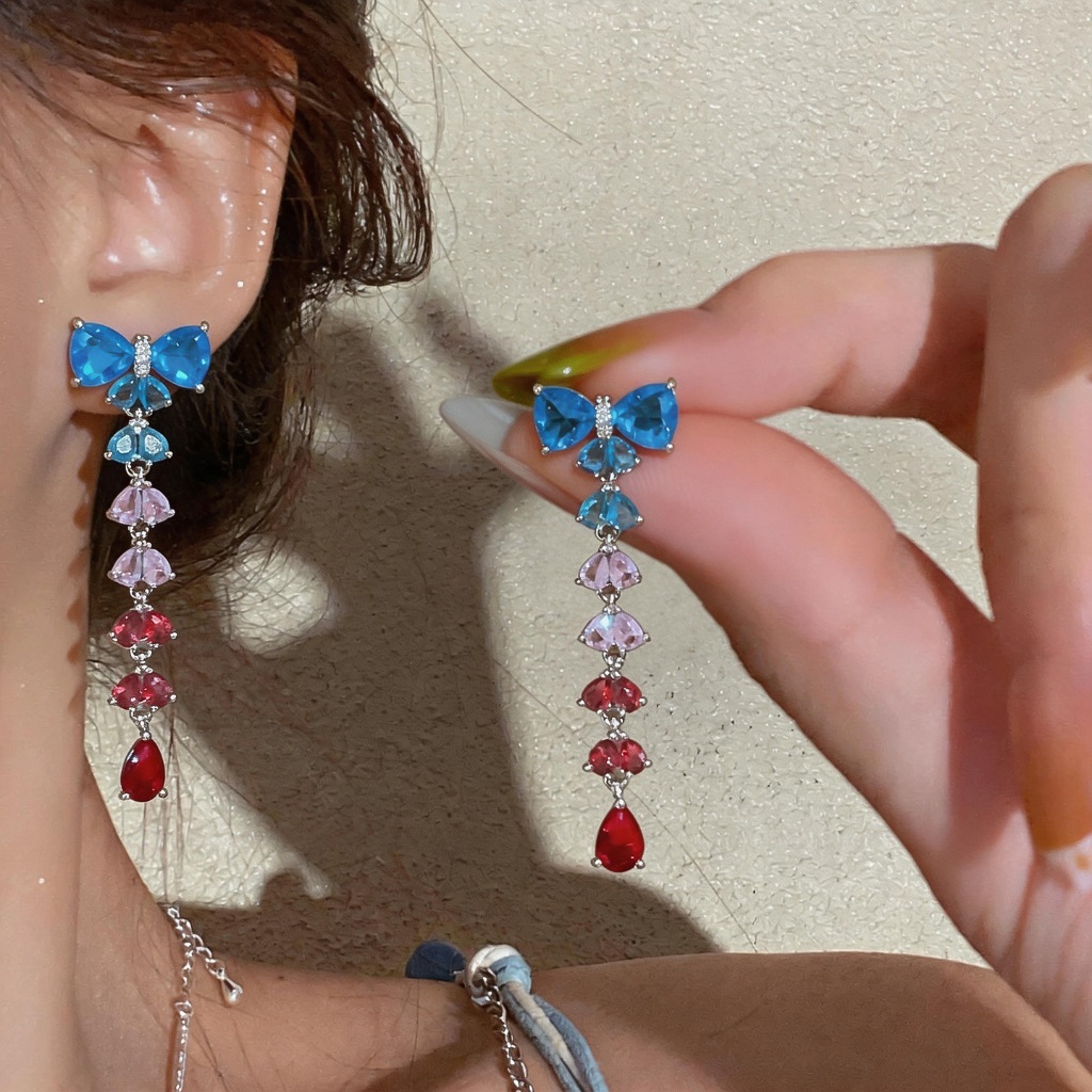 Ánh Sáng Xanh Zircon Nơ Giọt Nước Tua Rua Bông Tai Ánh Sáng Sang Trọng Cảm Giác Cao Ngọt Ngào Phụ Kiện