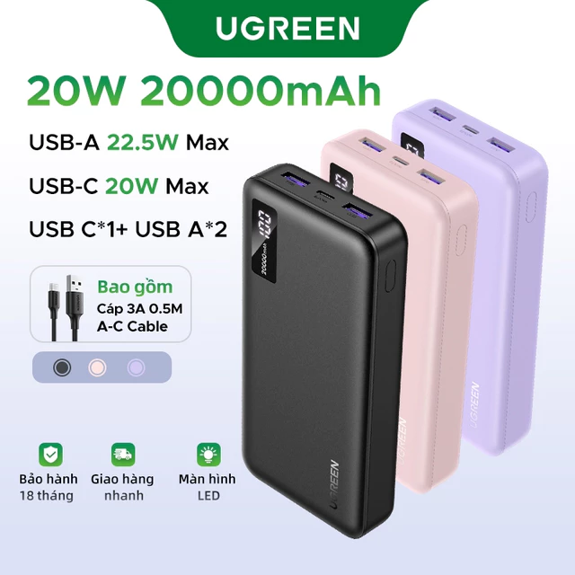 Pin sạc dự phòng Ugreen 10000mAh 20000mAh Powerbank PD3.0 20W QC 3.0 18W Max Sạc nhanh Powerbank cho iPhone 18 Pro Max iPhone 17 Pro Max iPhone 13 Samsung S23 Ultra Samsung S24 Ultra HUAWEI