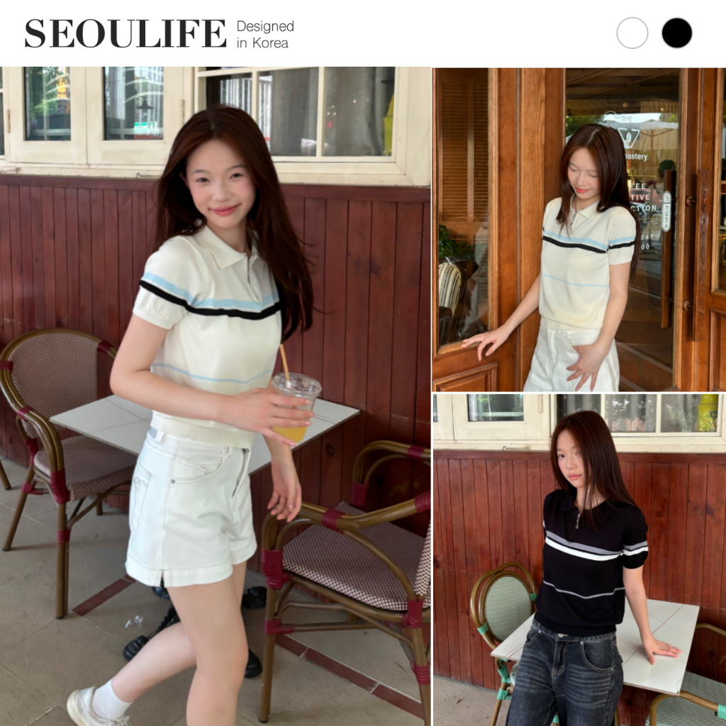 SEOULIFE Mùa Thu Đông 2026 Phong Cách Preppy Tương Phản-Trim Sọc Cổ Áo Len Đan Tay Ngắn Cardigan, Hoàn Hảo Cho Công Việc, Trường Học, Hiệu Ứng Làm Sáng, Đen Trắng