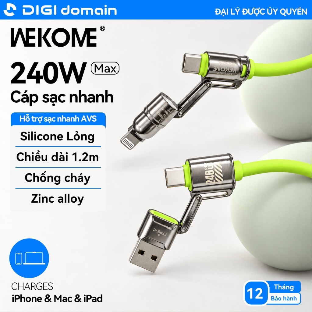 WEKOME 240W 4 trong 1 Cáp sạc dữ liệu siêu nhanh Dây sạc 1.2m USB-A Type-C…