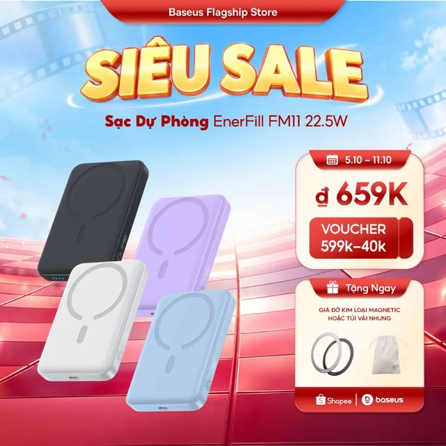 Sạc dự phòng 22.5W FM11 Baseus không dây mini 10000mah có nam châm tự động bật/ tắt thích hợp Dành cho iPhone 18