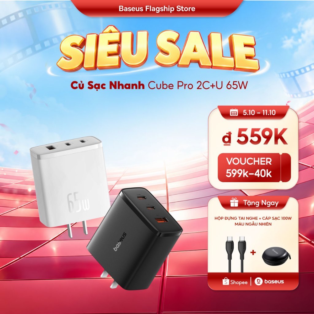 Bộ sạc USB Type C sạc nhanh Baseus 65W GaN cho máy tính xách tay, forTablets