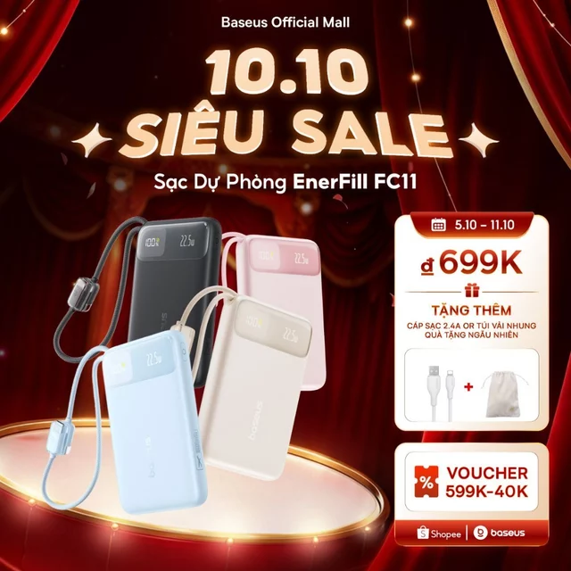 Sạc Dự Phòng EnerFill FC11 BASEUS có sạc nhanh 20W 20000mah thích hợp cho phone 15 / 14 / 13 / 12 xiaomi