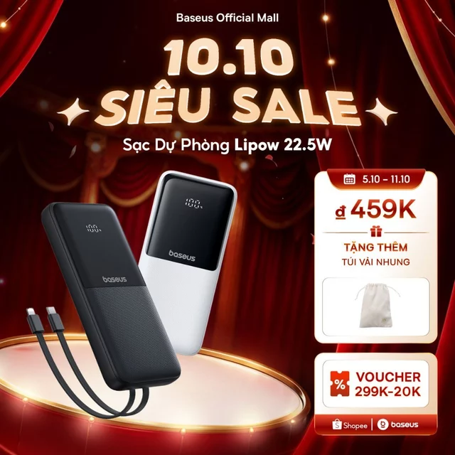 Sạc Dự Phòng Baseus Lipow 20000mAh – Cáp Kép, Màn Hình Kỹ Thuật Số, Công Suất 22.5W