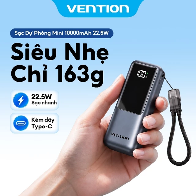 【Hàng mới 2026】Vention Sạc dự phòng 10000mAh có dây đeo và cáp Type-C tích hợp sạc nhanh 22.5W hoàn hảo cho du lịch bảo hành chính hãng Dùng được cho IPhone, Samsung, Xiaomi, Vivo, OPPO.