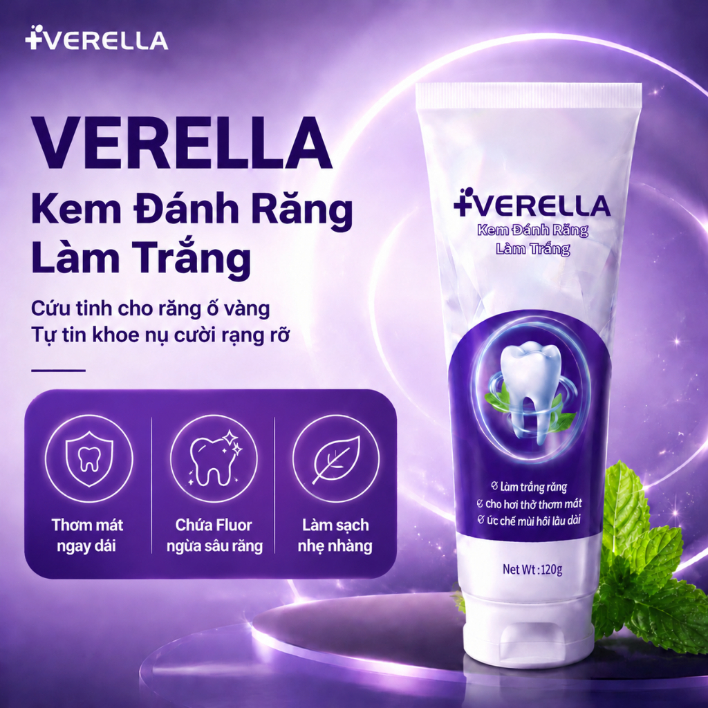 【VERELLA】Kem đánh răng làm trắng da VERELLA 120g Chăm sóc răng miệng hàng ngày Hộ gia đình Làm trắng nhẹ nhàng, Làm sạch bám dính Trà Vết bẩn cà phê, Fluoride Lâu trôi Duy trì hơi thở tươi Thích hợp cho răng chải dành cho người lớn