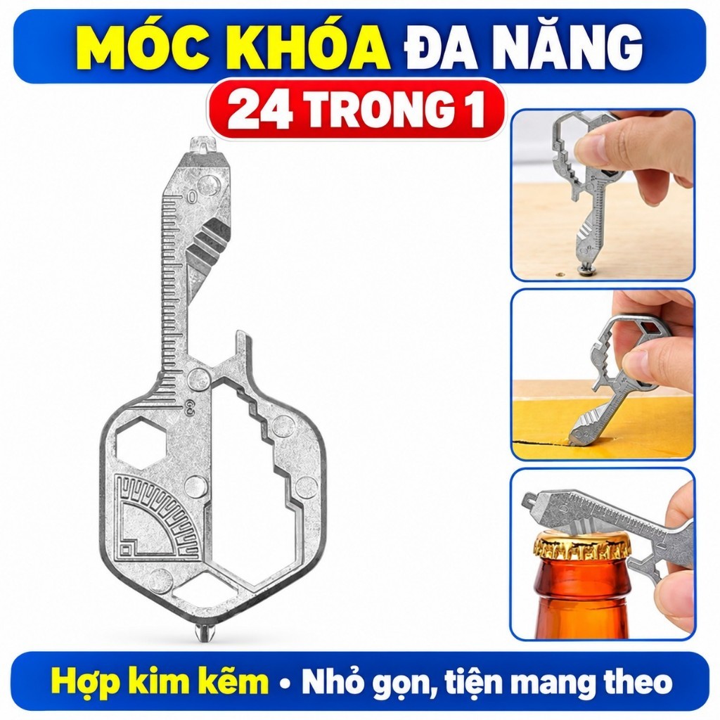 Móc khóa đa năng 24 trong 1 hợp kim kẽm, tua vít, cờ lê, dụng cụ mở nắp chai nhỏ gọn