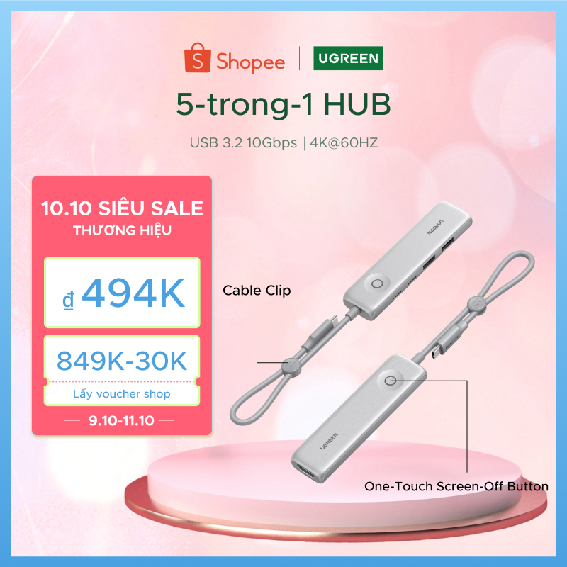 Hub 5 trong 1 UGREEN 100W PD Charge 4K @ 60Hz HDMI 10Gbps Truyền dữ liệu có…