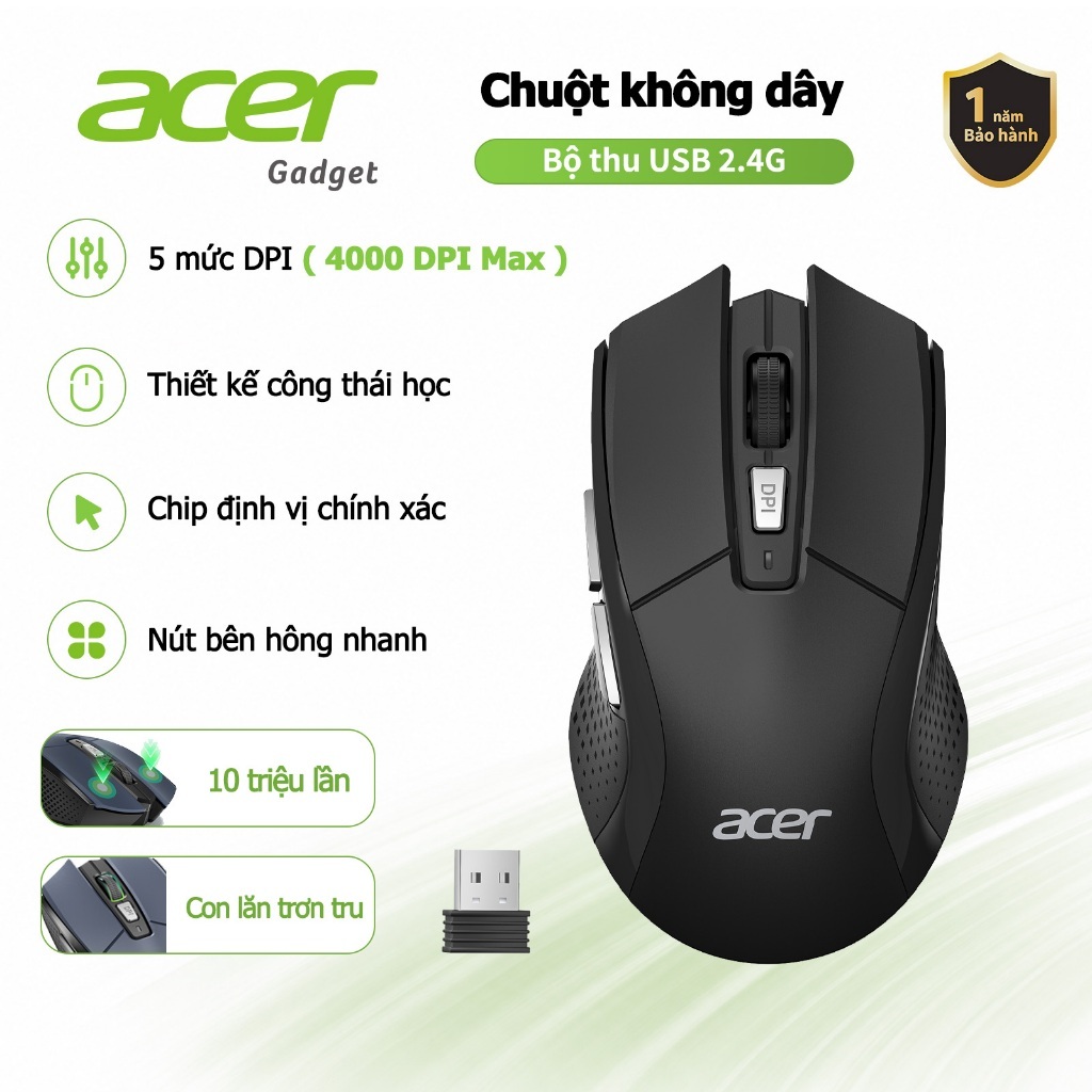 Acer Chuột không dây 4000 DPI 2.4G Công thái học không dây với 6 nút bấm 5 cấp…