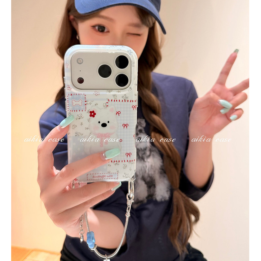 Hoạt Hình Dễ Thương Màu Xanh Mini Flower Puppy Dây Xích Cầm Tay Ốp Lưng Điện Thoại iPhone 18Promax 18Pro 15 16 17 Pro Max Silicon Chống Sốc Nữ Vỏ Di Động