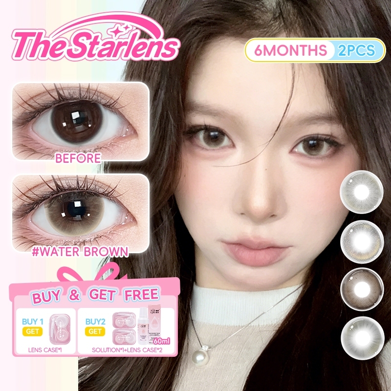 Kính áp tròng Starlens, 1 cặp 6 tháng, tròng kính màu nâu/xám, DIA 14.2-14.5mm, tròng kính mềm cho mắt to, có độ (0-8)