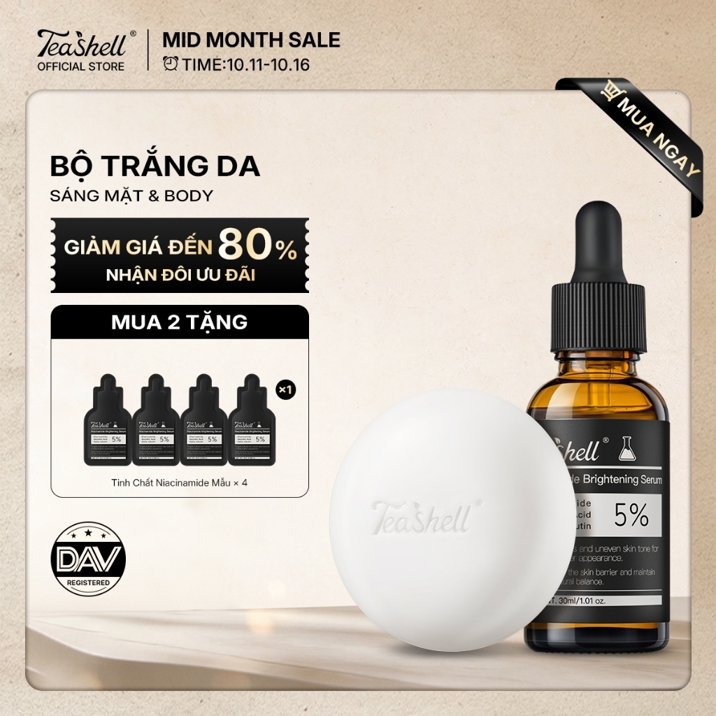 Teashell BỘ KIT Serum 5% Niacinamide Arbutin 30ml + Xà Phòng Làm Trắng Toàn…