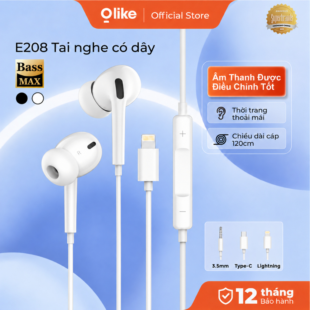 Tai nghe có dây Olike E208 kèm mic jack 3.5mm / USB-C / Lightning âm thanh nổi HiFi âm trầm sâu, độ trễ thấp cuộc gọi HD tương thích với iPhone Samsung OPPO vivo Laptop & PC.