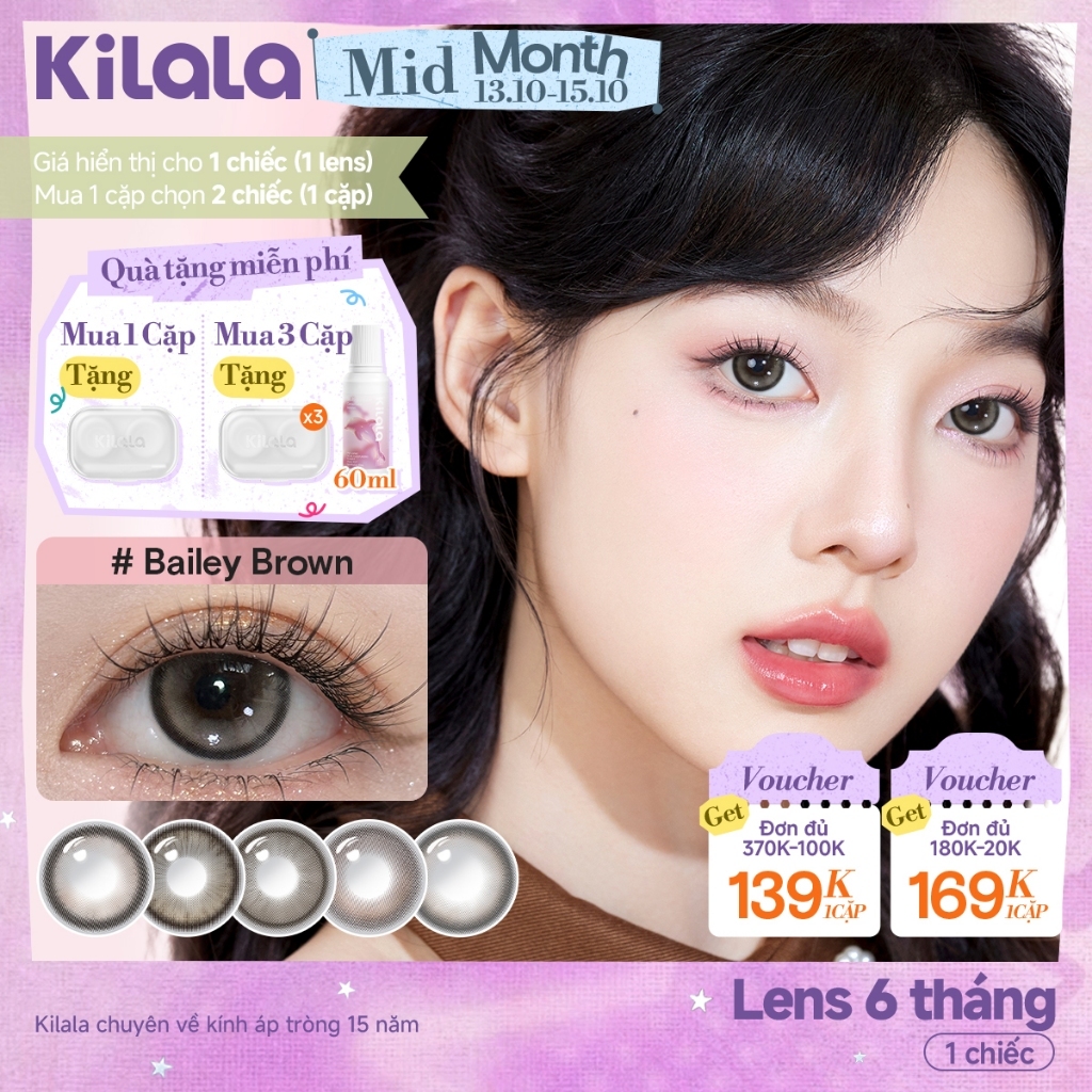 Kính áp tròng Kilala màu nâu Dolly Collection DIA 14.5mm lens cận 6 tháng có độ 0-7[Giá 1 chiếc lens ]