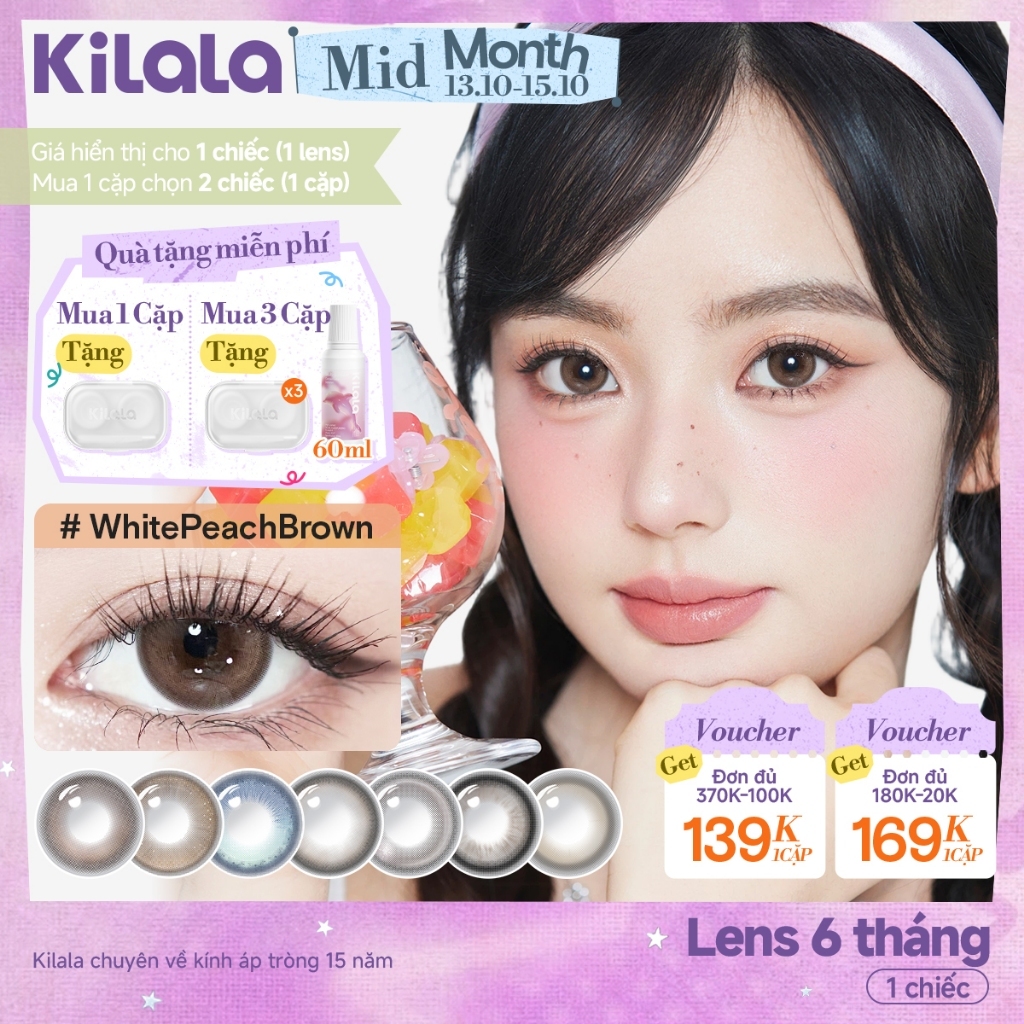 Kính áp tròng màu Kilala - Nâu Đen White Peach Brown/Pearly Grey lens cận 6…