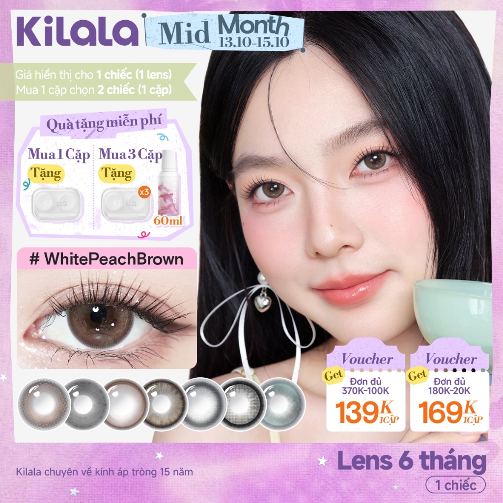 Kính áp tròng Kilala màu nâu Bright Amber/ Pearly Grey/lens cận 6 tháng DIA…