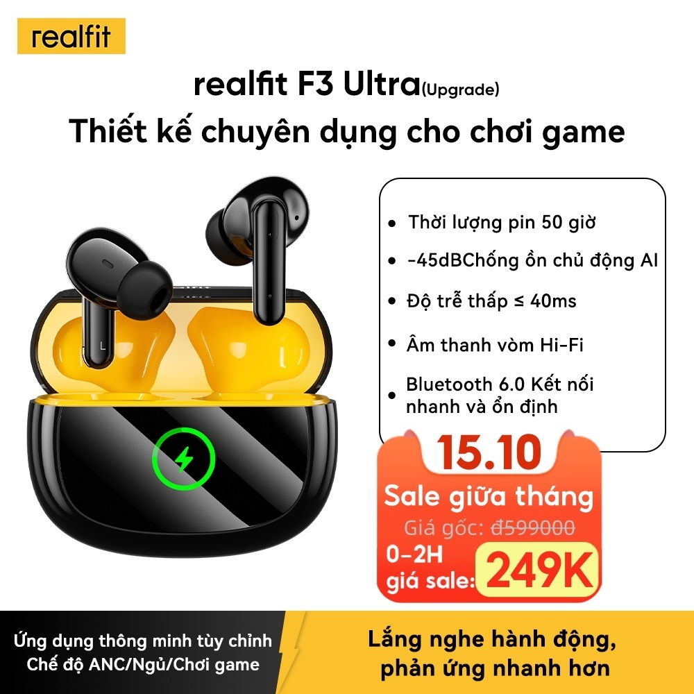 Tai nghe Realfit F3 Ultra Bass mạnh Khử ồn -45dB Điều khiển APP Pin 50H kết…