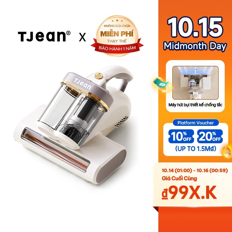 TJean Máy hút bụi giường nệm cầm tay – Lực hút 18Kpa, UV diệt khuẩn, hộp bụi kép