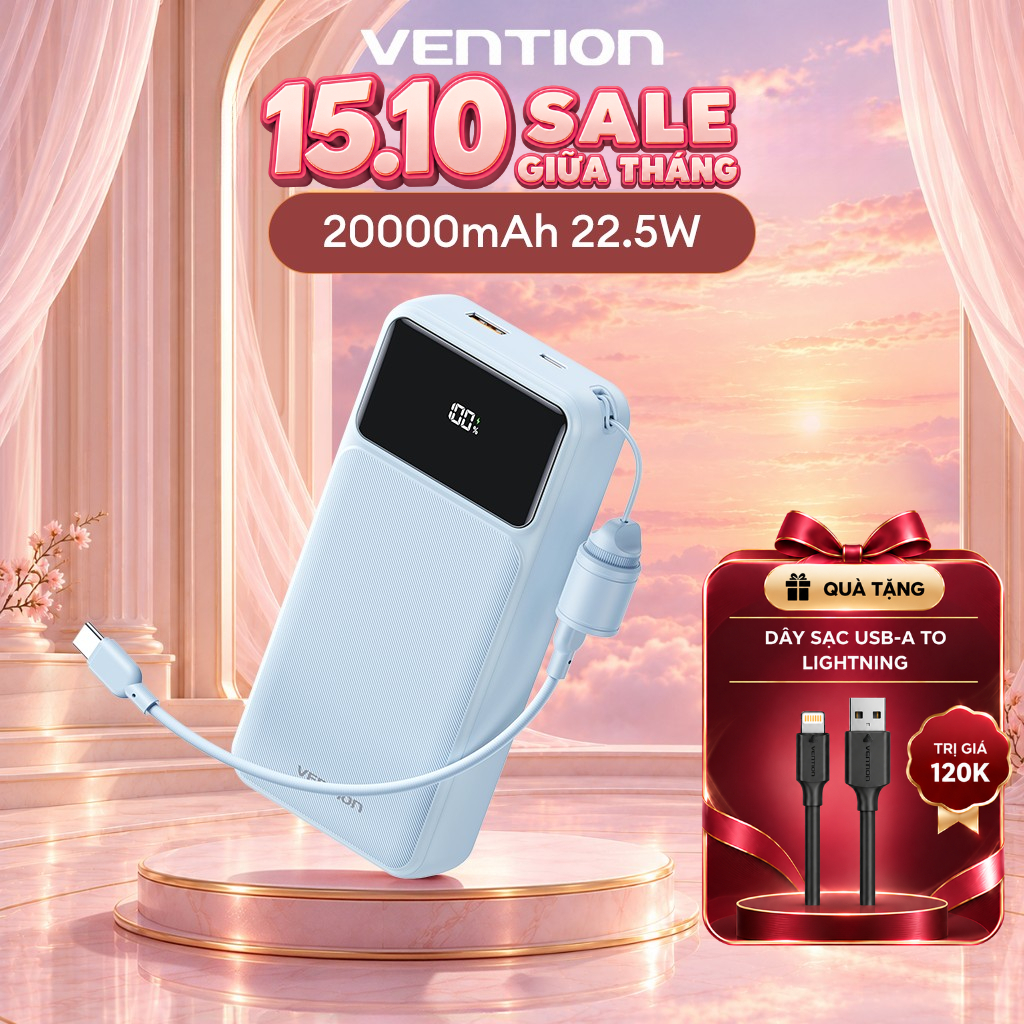 Vention Sạc dự phòng 20000mAh có cáp Type-C tích hợp - Sạc nhanh 22,5W, cổng…