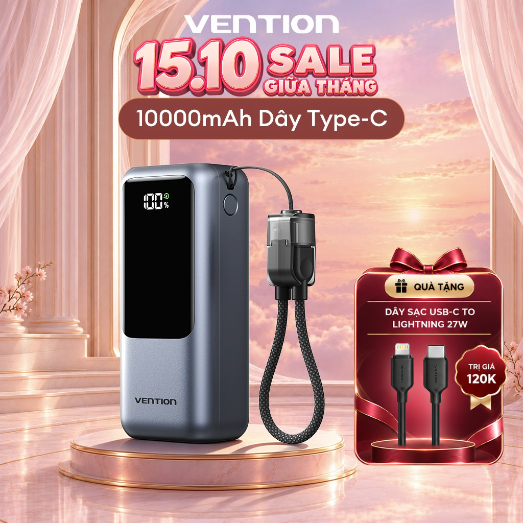 Vention Sạc dự phòng 10000mAh có dây đeo và cáp Type-C tích hợp sạc nhanh 22.5W hoàn hảo cho du lịch bảo hành chính hãng Dùng được cho IPhone, Samsung, Xiaomi, Vivo, OPPO.