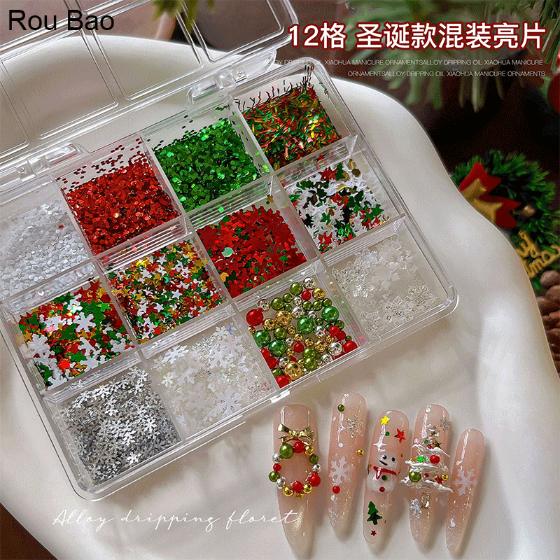 Rou Bao 12 Lưới Móng Tay Giáng Sinh Kim Sa Lấp Lánh Bộ Bông Tuyết Ngôi Sao Móng Tay Nghệ Thuật DIY Quyến Rũ Trang Trí
