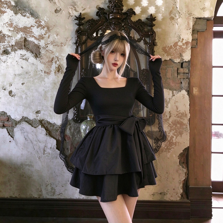 Halloween đầm đen dài tay trang bị váy dự tiệc mini dành cho nữ váy công chúa thanh lịch