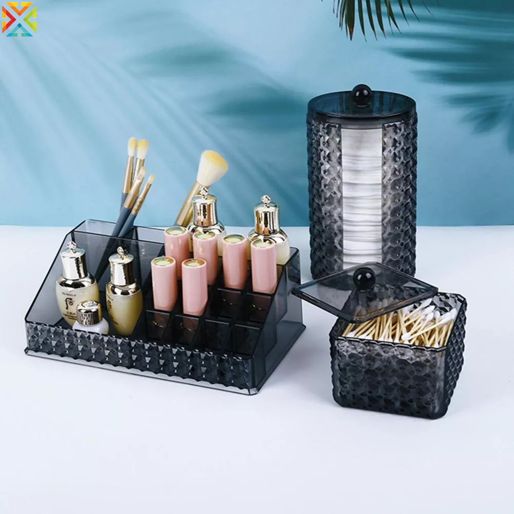 Hộp Đựng Tăm Bông Cotton Kim Cương Đen Trong Suốt Chống Bụi Tối Giản Kèm Nắp Đậy Trang Điểm